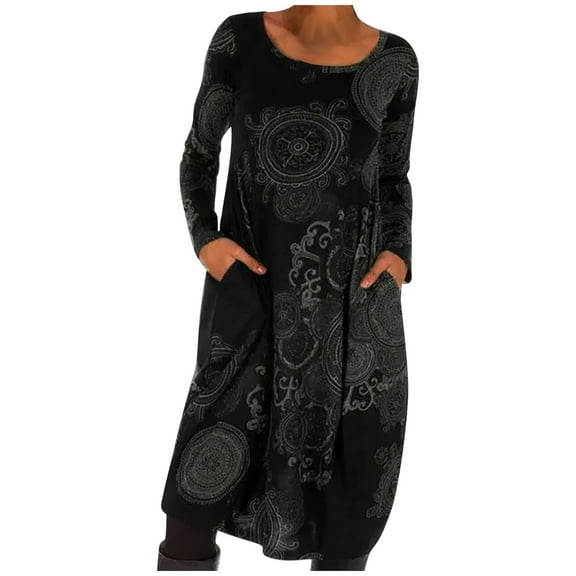 Awdenio Winter Dress Women Casual Hedging Print Ethnic Style Long Skirt Long Sleeve Loose Dress