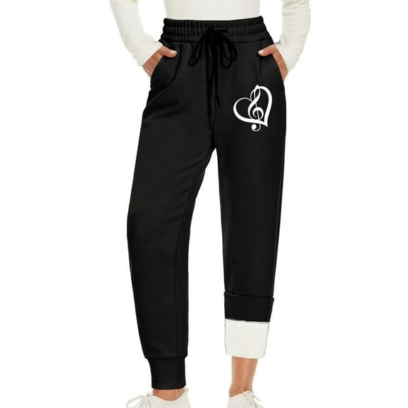 Awdenio Winter Fleecing Warm Pants for Women Elastic Lace-Up Heart Printed Lamb Fleece Sanitary SweatPants With Pockets
