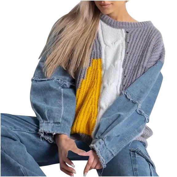 Awdenio Winter Warm Sweaters for Women Casual Fashion Colorblock Contrast Long Sleeve Round-Neck Ruched Pullover Sweater