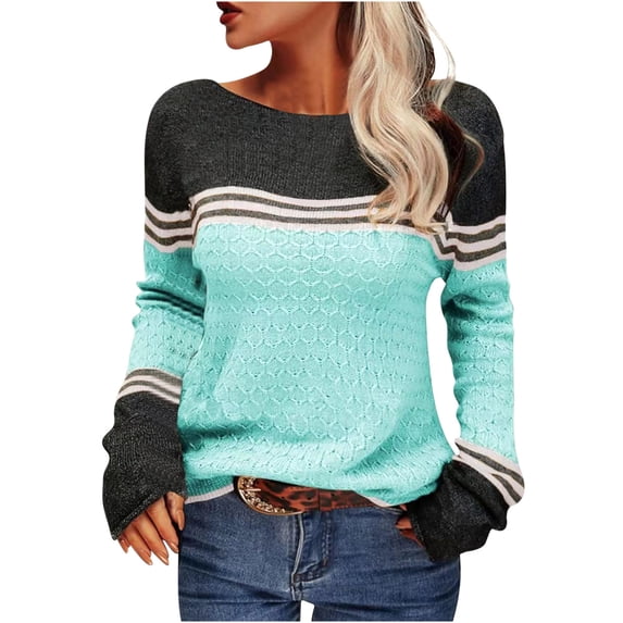 Awdenio Winter Warm Sweaters for Women Fashion Casual Colorblock Long Sleeve Round-Neck Knitted Loose Pullover Sweater Tops Blouse