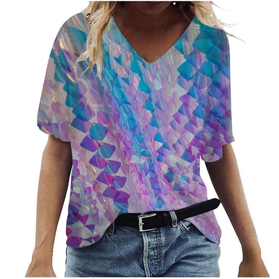 KIHOUT Woemns Shirts Blouse Ladies Fashion Casual Plus Size Scenic Flowers Printing V-Neck T-Shirt Tops, Size S-5XL