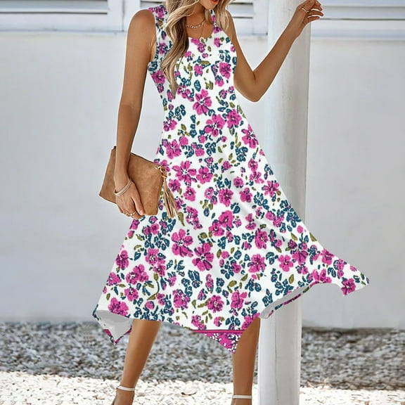Awdenio Woman Fashion Summer Beach Printing Pockets Tank Top Round-Neck Sleeveless Tank Top Dresses Casual Summer Dress Sleeveless Sundress Dresses Beach Dress with Pockets