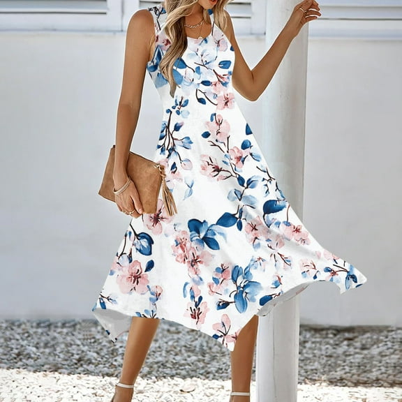 Awdenio Woman Fashion Summer Beach Printing Pockets Tank Top Round-Neck Sleeveless Tank Top Dresses Casual Summer Dress Sleeveless Sundress Dresses Beach Dress with Pockets