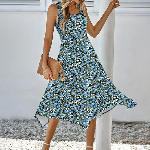 Awdenio Woman Fashion Summer Beach Printing Pockets Tank Top Round-Neck Sleeveless Tank Top Dresses Casual Summer Dress Sleeveless Sundress Dresses Beach Dress with Pockets