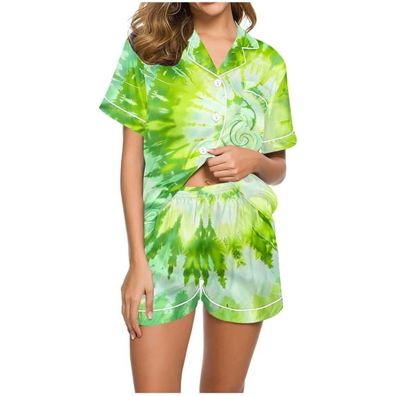 Awdenio Women Satin Pajamas Set , Women's Turndown Collar Valentine's Day Print Short Sleeve Blouse Shorts Pajamas Suit