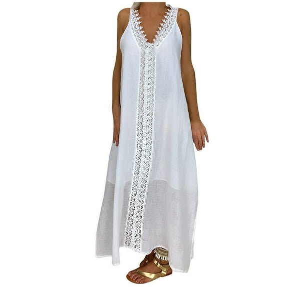 Awdenio Women Sleeveless Dresses , Women Plus Size V-neck Sleeveless Beach Loose Lace Patchwork Long Dress Maxi Dress