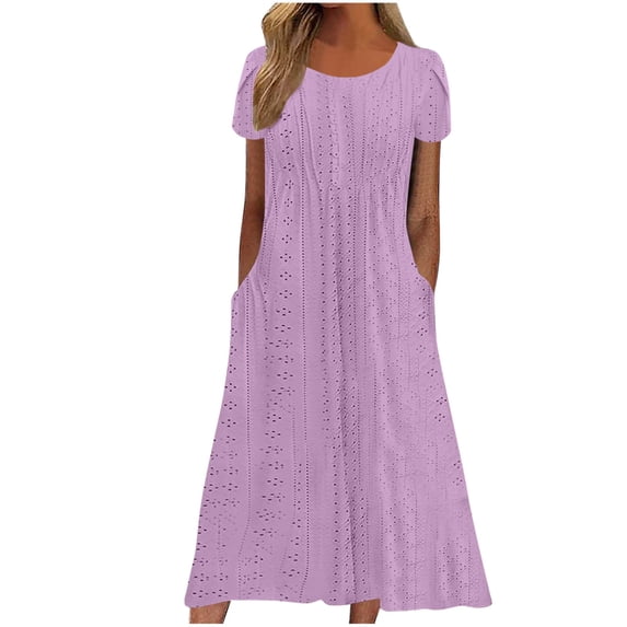 Awdenio Women Summer Maxi Dress Casual Comfy Cotton Beach Dress Loose Crew Neck Half Sleeve Sundress with Pockets