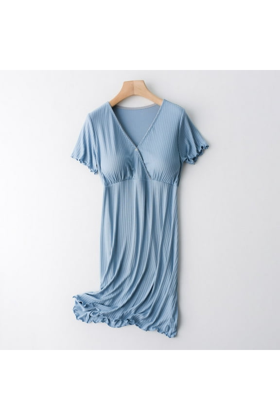 Women Summer Sleeveless Maternity Dress Women's Breastfeeding Solid V-neck Short Sleeve Breastfeeding Postpartum Pregnant Women's Dress Sleepwear with Chest Pad