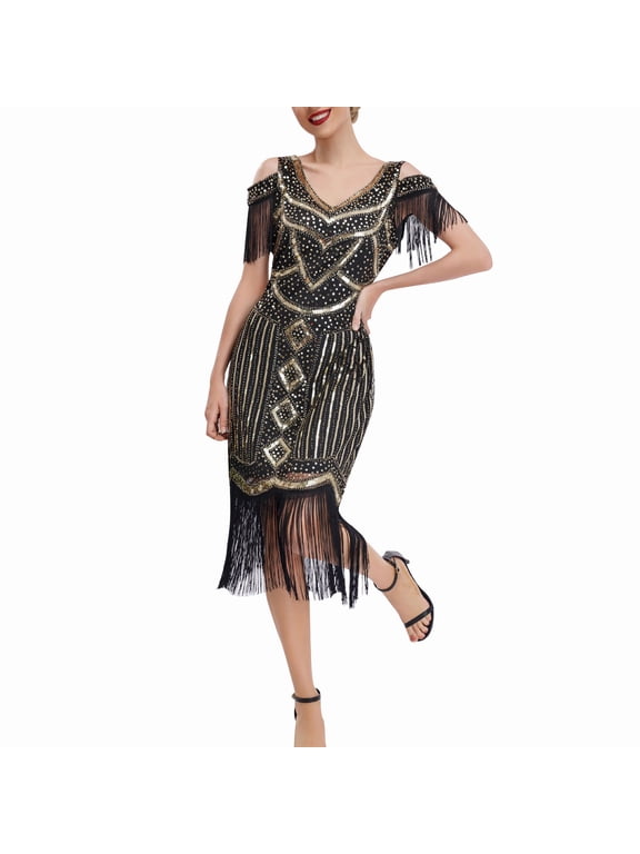 Women's Summer Sleeveless Dress, 1920 Vintage Sequin Dress, Studded Tassel Dress, High-end Banquet V-neck Off Shoulder Small Dress, Sleeveless V-neck Dress