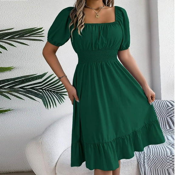 Awdenio Women's Summer Short Puff Sleeve Casual Short Mini Dresses Tie Back Square Neck A-Line Sundress