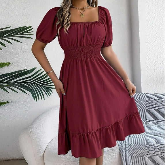 Awdenio Women's Summer Short Puff Sleeve Casual Short Mini Dresses Tie Back Square Neck A-Line Sundress