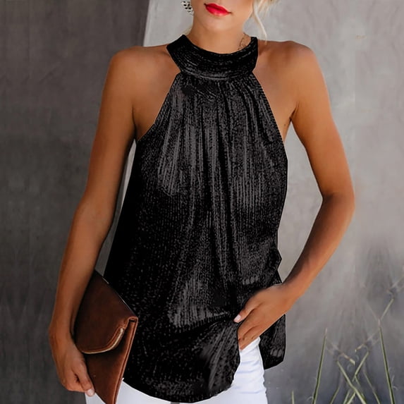 Awdenio Women's Athletic Shirts & Tees, Women Summer Solid Sequined Sleeveless Casual Halter Tank Shirt Vest