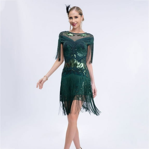 Awdenio Women's Beach Dress Clearance, 1920 Vintage sequin dress, studded tassel dress, high-end banquet round neck small dress, round neck dress