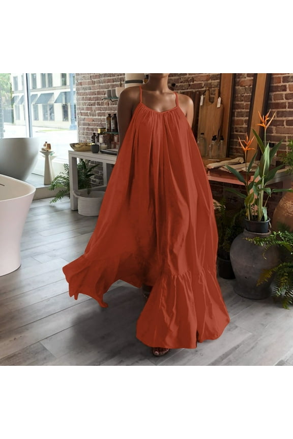 Midi Dresses for Women Fashion Casual Strap Dress Pocket Loose Backless Big Dress