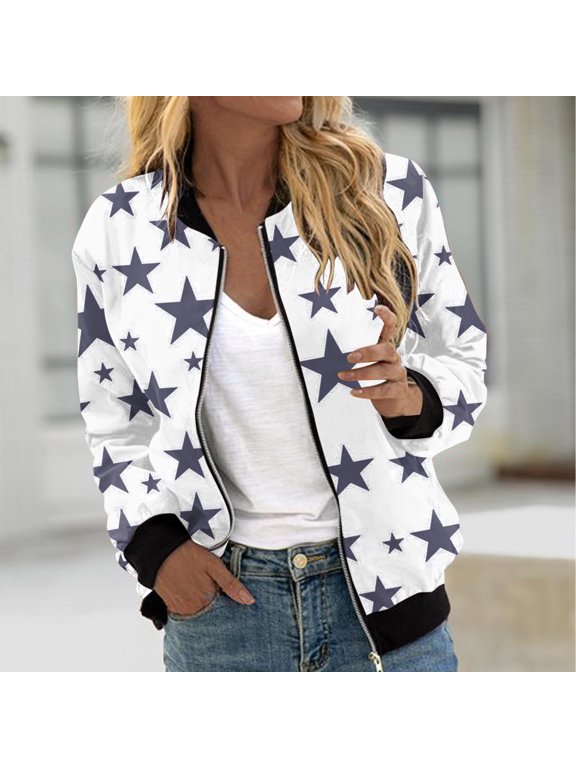 Women's Bomber Jacket Casual Coat Zip Up Fall Winter Star Printed Loose Outerwear Windbreaker Cardigan With Pockets, Size S-2XL