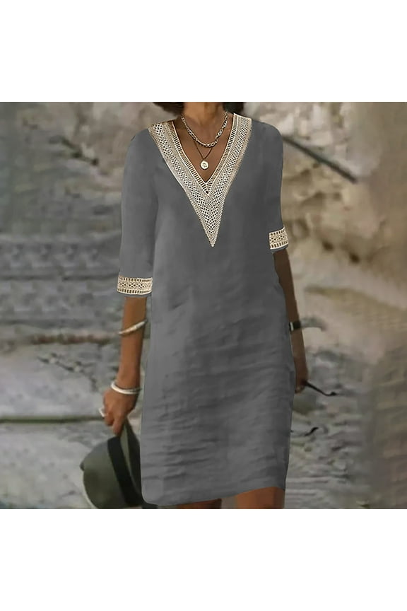 Women's Casual Dresses, Fashion Women Summer Casual V-Neck Solid Color Short Sleeve Dress