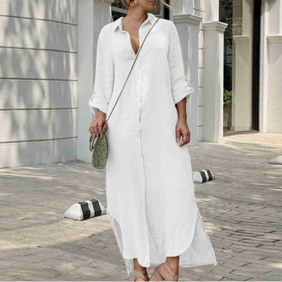 Awdenio Women's Casual Dresses, Women's Fashion Half Sleeve Solid Button Linen Loose Shirt Long Dress