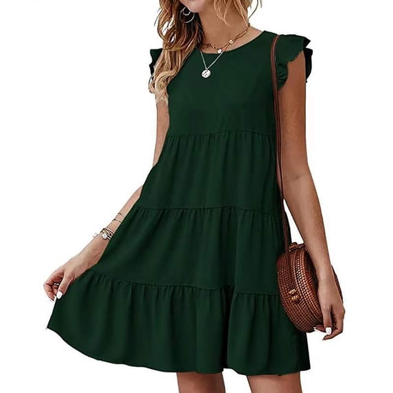 Awdenio Women's Casual Dresses, Women's Solid Round Neck Casual Cake Skirt Pleated Large Skirt Short Sleeved Dress