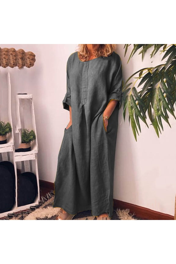 Women's Casual Dresses, Womens Spring and Summer Round Neck Solid Cotton and Linen Casual Pocket Short Sleeved Dress