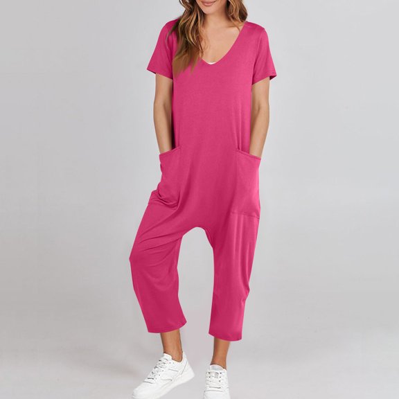 Awdenio Women's Casual Loose Short Sleeve Jumpsuits Spaghetti Strap Harem Long Pants Romper Overalls Summer Trendy Outfits
