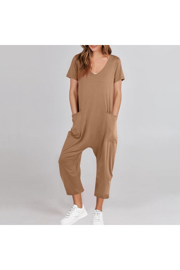 Women's Casual Loose Short Sleeve Jumpsuits Spaghetti Strap Harem Long Pants Romper Overalls Summer Trendy Outfits