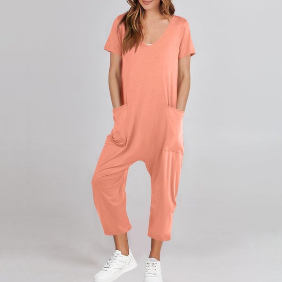 Awdenio Women's Casual Loose Short Sleeve Jumpsuits Spaghetti Strap Harem Long Pants Romper Overalls Summer Trendy Outfits