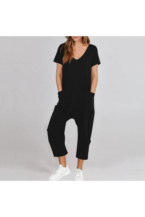 Women's Casual Loose Short Sleeve Jumpsuits Spaghetti Strap Harem Long Pants Romper Overalls Summer Trendy Outfits