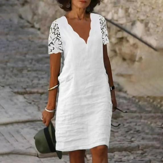 Awdenio Women's Club & Night Out Dresses, Women's Summer Casual Lace Solid Color V-neck Short-sleeved Dress