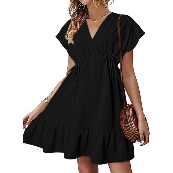 Awdenio Women's Cocktail Dresses, Womens Dresses Short Sleeve V Neck Drawstring Casual Ruffle A-Line Mini Dress