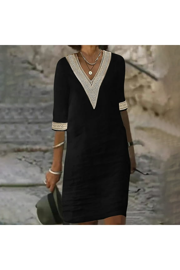 Women's Dresses , Fashion Women Summer Casual V-Neck Solid Color Short Sleeve Dress