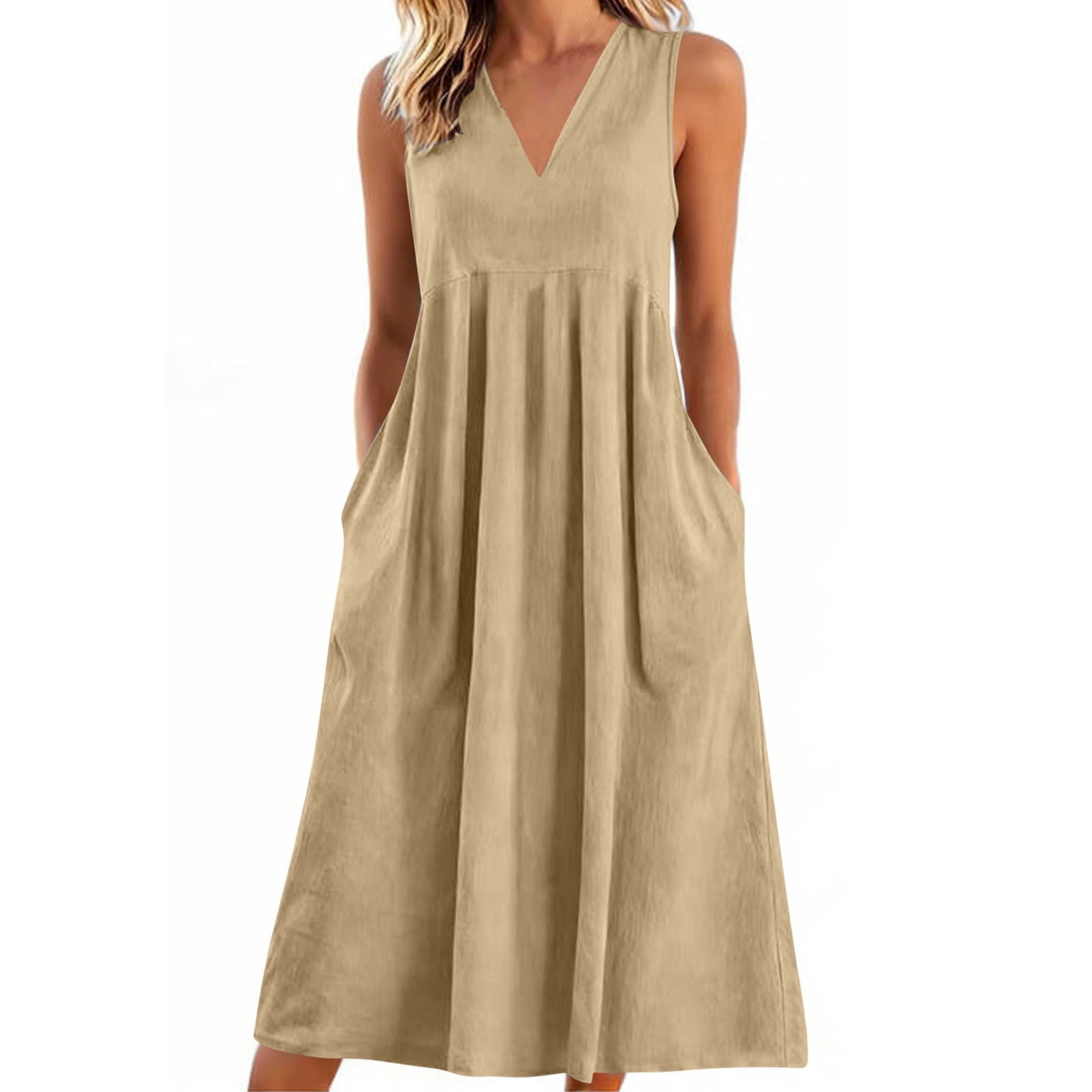 Awdenio Dresses for Women Summer Sundress Sleeveless Casual Dresses V Neck A-Line Beach Dress with Pockets