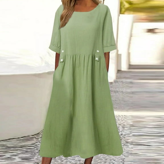 Awdenio Women's Dresses , Womens Spring and Summer Round Neck Cotton and Linen Casual Pocket Short Sleeved Dress