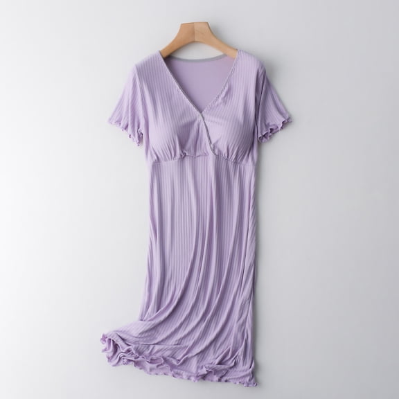 Awdenio Women's Dresses , Women's Breastfeeding Solid V-neck Short Sleeve Breastfeeding Postpartum Pregnant Women's Dress Sleepwear with Chest Pad