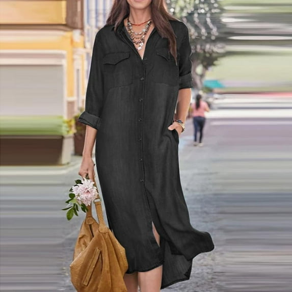 Awdenio Women's Dresses , Women's Fashionable Denim Long Skirt Shirt Collar Casual Dress Long Skirt