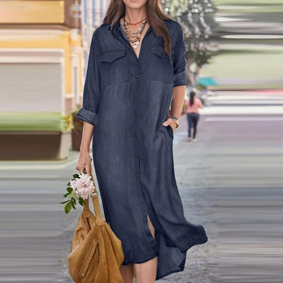 Awdenio Women's Dresses , Women's Fashionable Denim Long Skirt Shirt Collar Casual Dress Long Skirt
