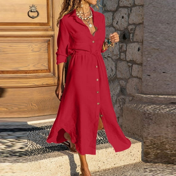Awdenio Women's Dresses , Women's Solid Color Single Breasted Lapel Drawstring Shirt Dress Cotton Linen Dress