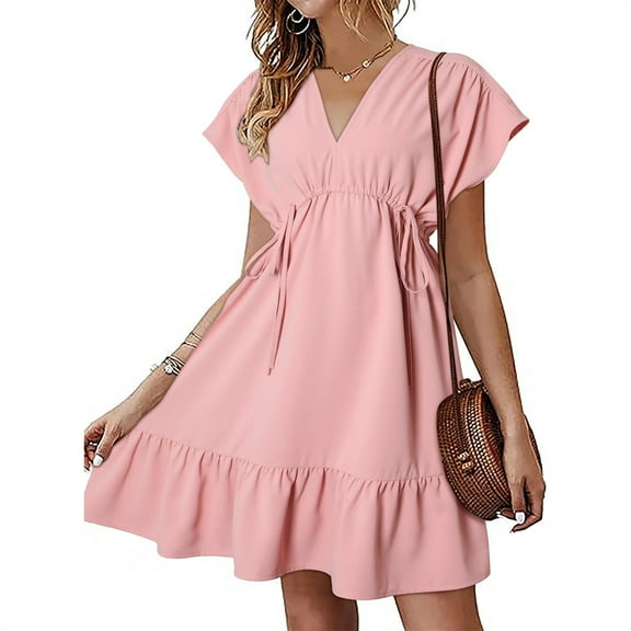 Awdenio Women's Dresses , Womens Dresses Short Sleeve V Neck Drawstring Casual Ruffle A-Line Mini Dress