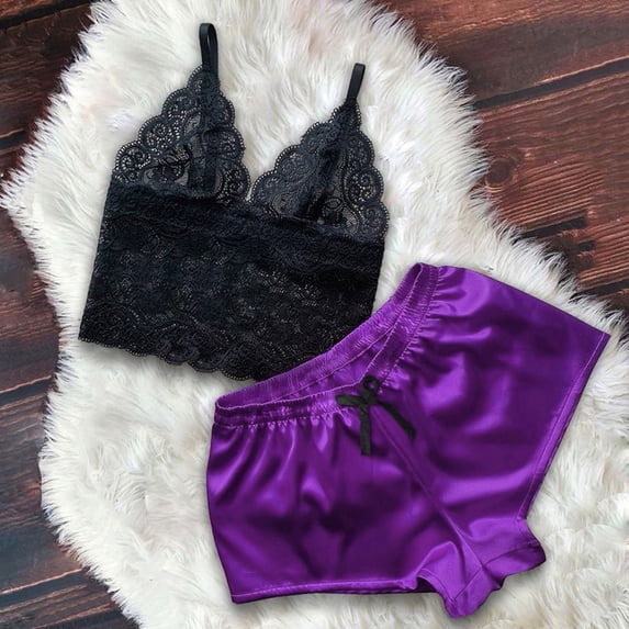 Awdenio Women's Fashion Pajama Sets, Women Lace Satin Bra Camisole Sling Tops Shorts Pajamas Two Piece Set