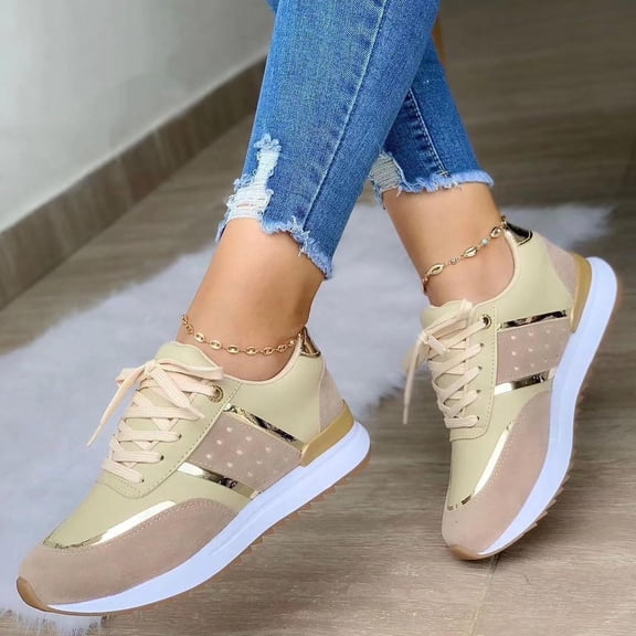 Awdenio Women's Fashion Sneakers , Round Thick Sole Low Top Stitching Outdoor Sports Lace-up Comfortable Casual Shoes
