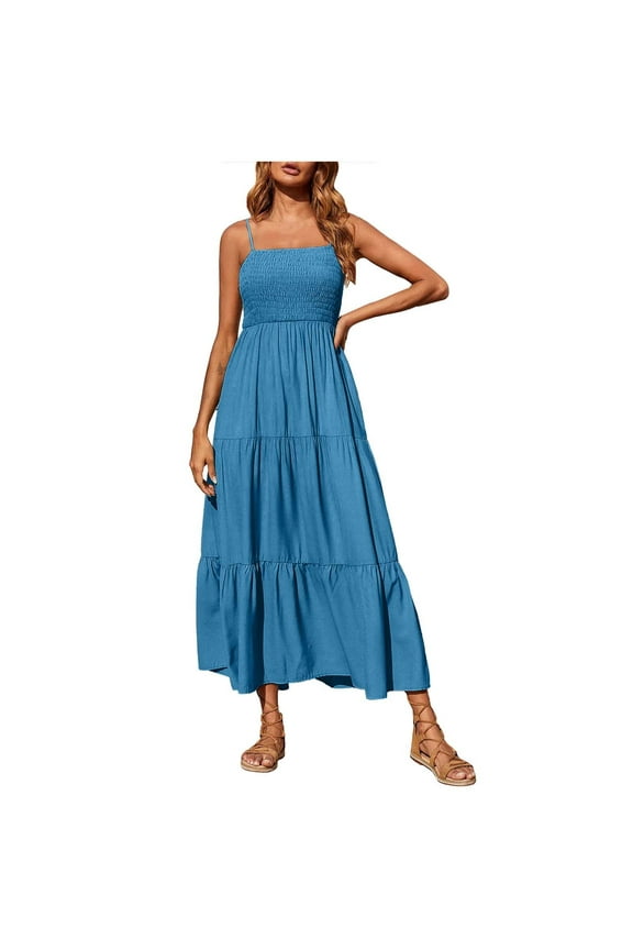Women's Formal Dresses On , Women's Bohemian Spaghetti Strap Smocked Tiered Long Beach Sun Dresses Sleeveless Solid Maxi Dress
