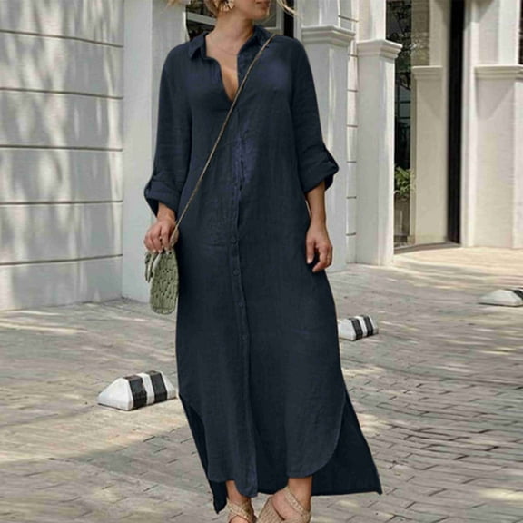 Awdenio Women's Formal Dresses, Women's Fashion Half Sleeve Solid Button Linen Loose Shirt Long Dress