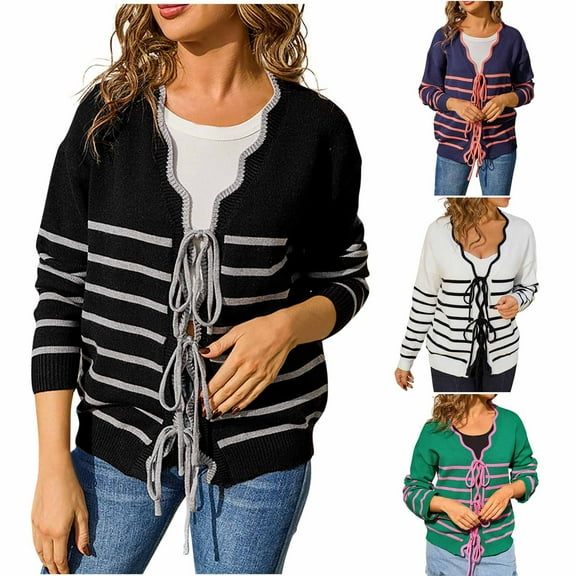 Awdenio Beach Wacation Clothes for Women Tie Front Crewneck Knit Cardigan Long Sleeve Drop Shoulder Sweater