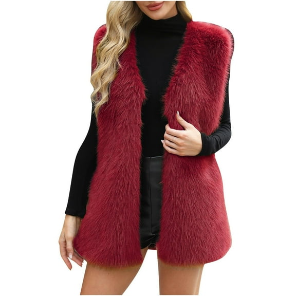 Awdneio Women's Winter Coats Cropped Jacket Faux-Fur Sleeveless Pockets Shaggy Warm Outerwear Fall Clothes