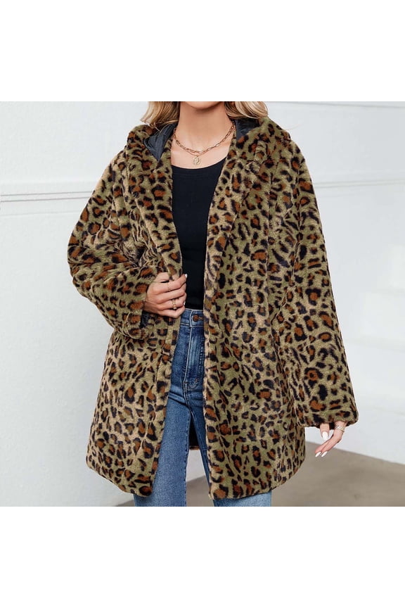 Women's Faux-Fur Jackets & Coats, Womens Ladies Warm Faux-Fur Furry Long Coat Jacket Winter Leopard Print Turn Down Collar Outerwear