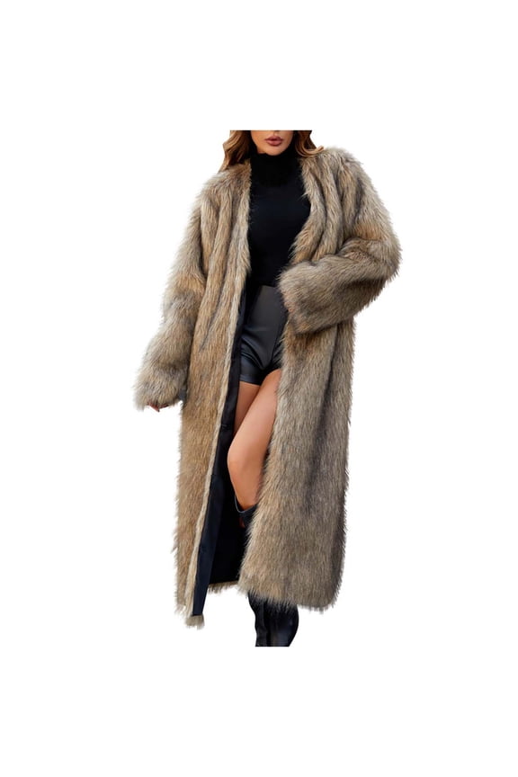 Women's Fur & Faux-Fur Jackets & Coats, Womens Ladies Warm Faux-Furry Long Coat Jacket Winter Solid V-neck Outerwear