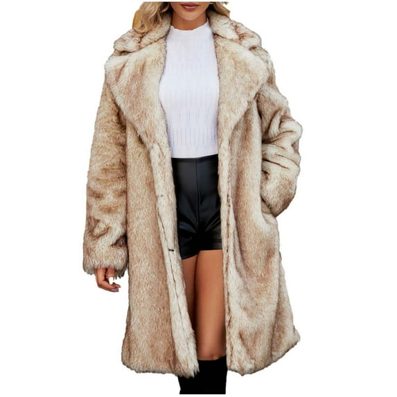Awdenio Women's Fur & Faux Fur Jackets & Coats, Womens Ladies Warm Faux Furry Long Coat Jacket Winter Solid V-neck Outerwear