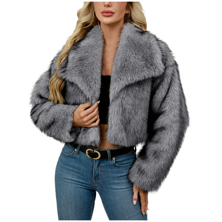 Awdneio Women's Winter Coats Cropped Jacket Faux Fur Long Sleeve