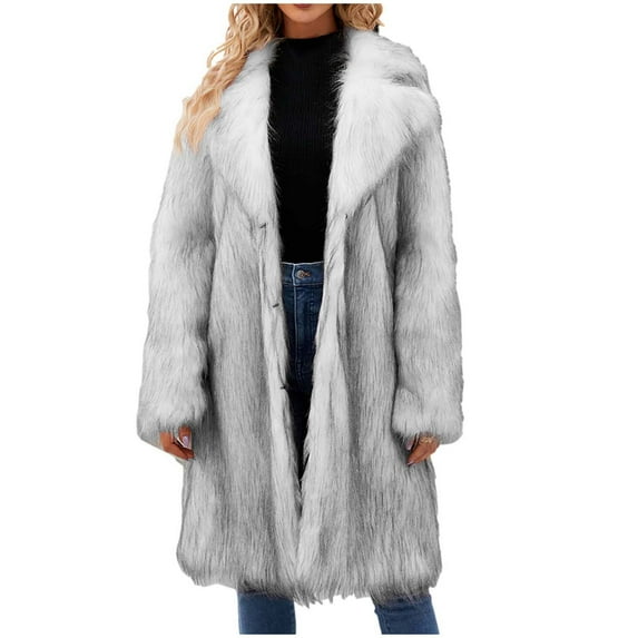Awdenio Women's Fur & Faux Fur Jackets & Coats, Womens Ladies Warm Faux Furry Long Coat Jacket Winter Solid V-neck Outerwear