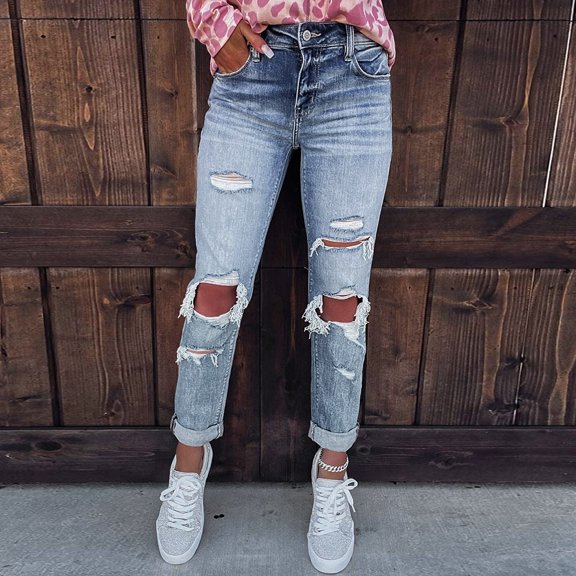 Awdenio Women's Jeans , Women Fashion Solid Pokets Slim-Fit Skinny Ripped Jeans Casual Pants On
