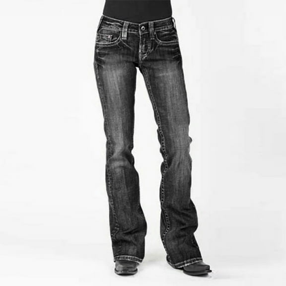 Awdenio Women's Jeans , Women Mid Waisted Embroidery Stretch Button Straight Full Length Pants On